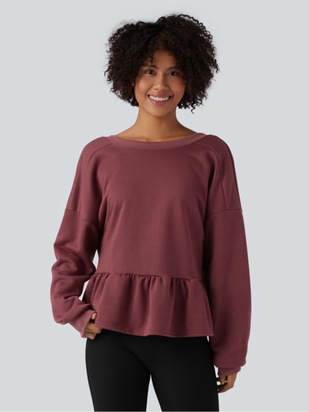 NWT‎ HALARA V Back Long Sleeve Ruffle Hem Casual Sweatshirt Size M Roan Rouge